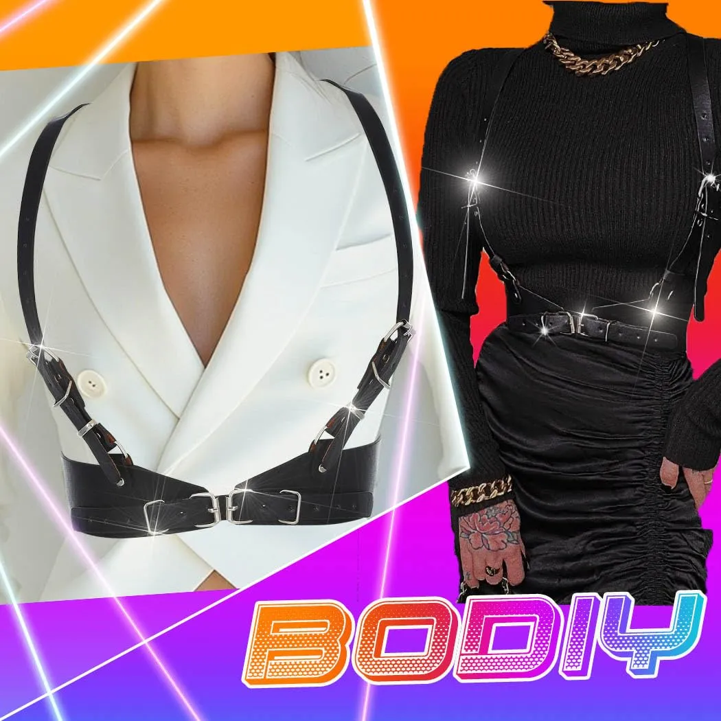 BODIY Punk Waist Belt Fashion Strap Gothic Black Leather Wide Waist Belts Elastic Rave Cosplay Halloween Body Chain Accessory for Women