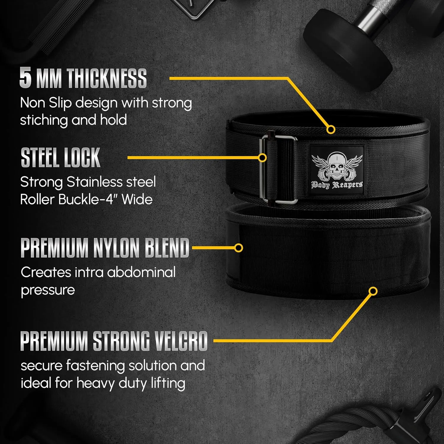 Body Reapers Weight Lifting Belt For Men & Women; Auto Lock Metal Buckle Deadlift Belt & Workout Belt For Men, Adjustable Gym Belt, Weightlifting Belt for Powerlifting, Squats, & Training