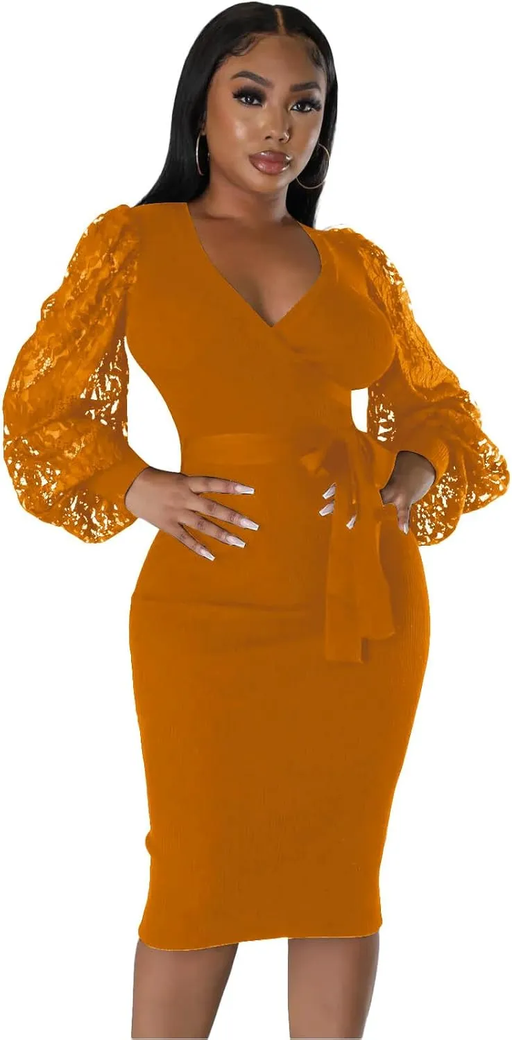BOGURST Semi Formal Church Dresses for Women Bishop Sleeve Sexy V Neck Bodycon Midi Dresses