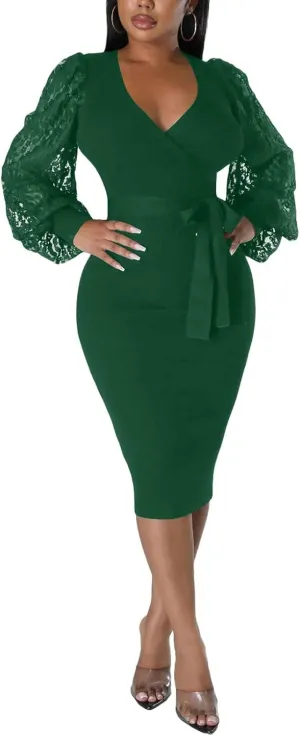 BOGURST Semi Formal Church Dresses for Women Bishop Sleeve Sexy V Neck Bodycon Midi Dresses