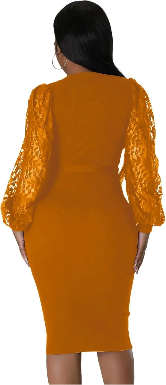 BOGURST Semi Formal Church Dresses for Women Bishop Sleeve Sexy V Neck Bodycon Midi Dresses