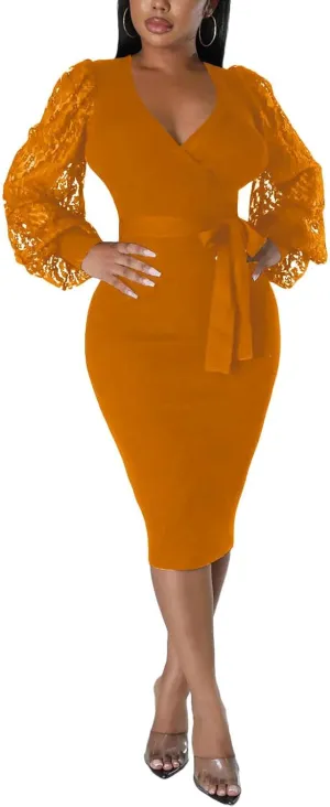 BOGURST Semi Formal Church Dresses for Women Bishop Sleeve Sexy V Neck Bodycon Midi Dresses