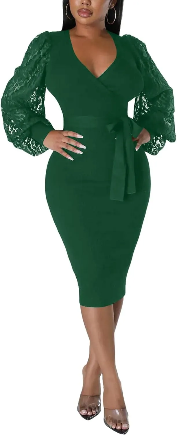 BOGURST Semi Formal Church Dresses for Women Bishop Sleeve Sexy V Neck Bodycon Midi Dresses