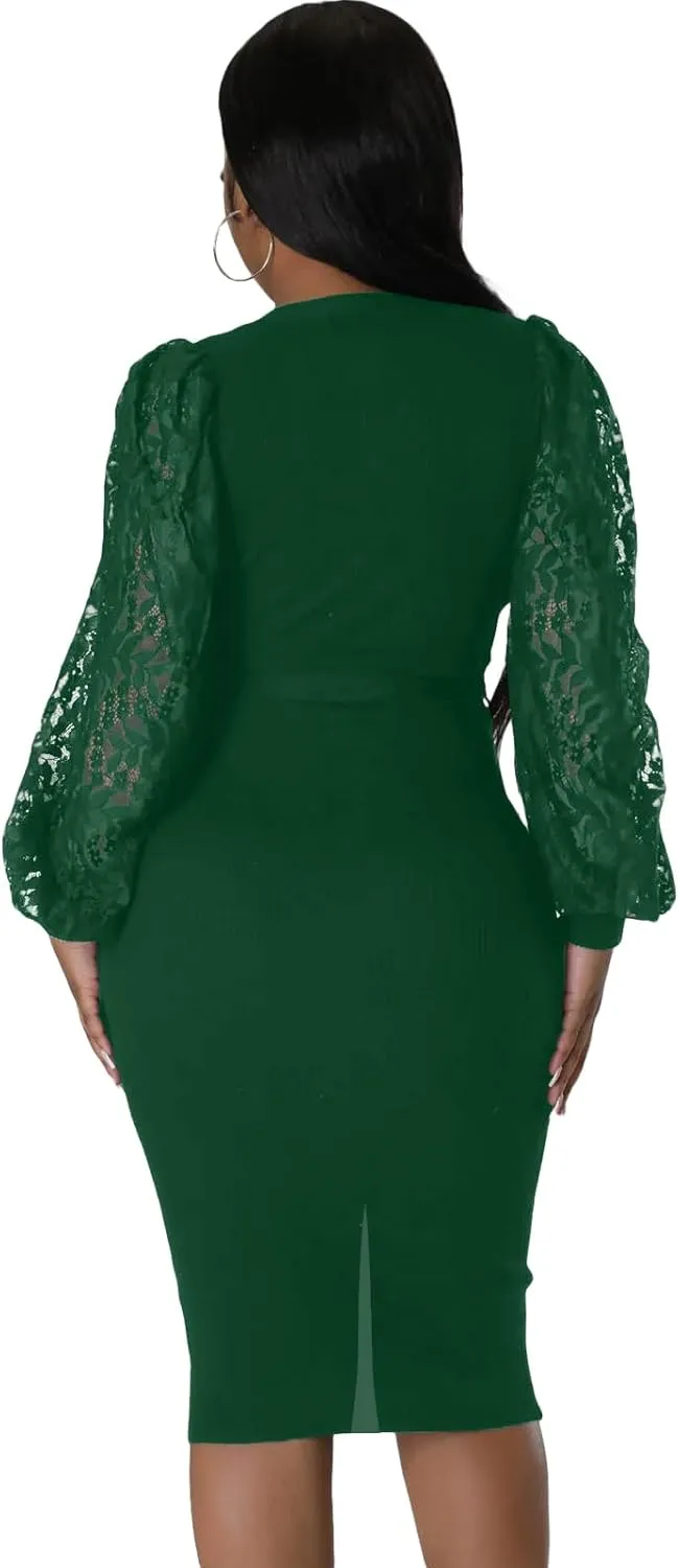 BOGURST Semi Formal Church Dresses for Women Bishop Sleeve Sexy V Neck Bodycon Midi Dresses