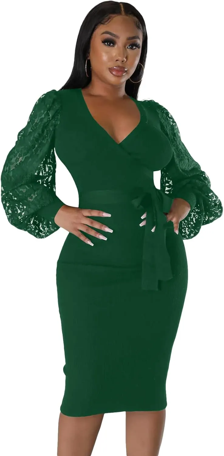 BOGURST Semi Formal Church Dresses for Women Bishop Sleeve Sexy V Neck Bodycon Midi Dresses