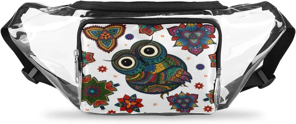 Boho Ethnic Owl Clear Fanny Pack Stadium Approved Clear Crossbody Belt Bag for Women Men Transparent Waist Bag with Adjustable Strap for Concerts Sports Events Travel