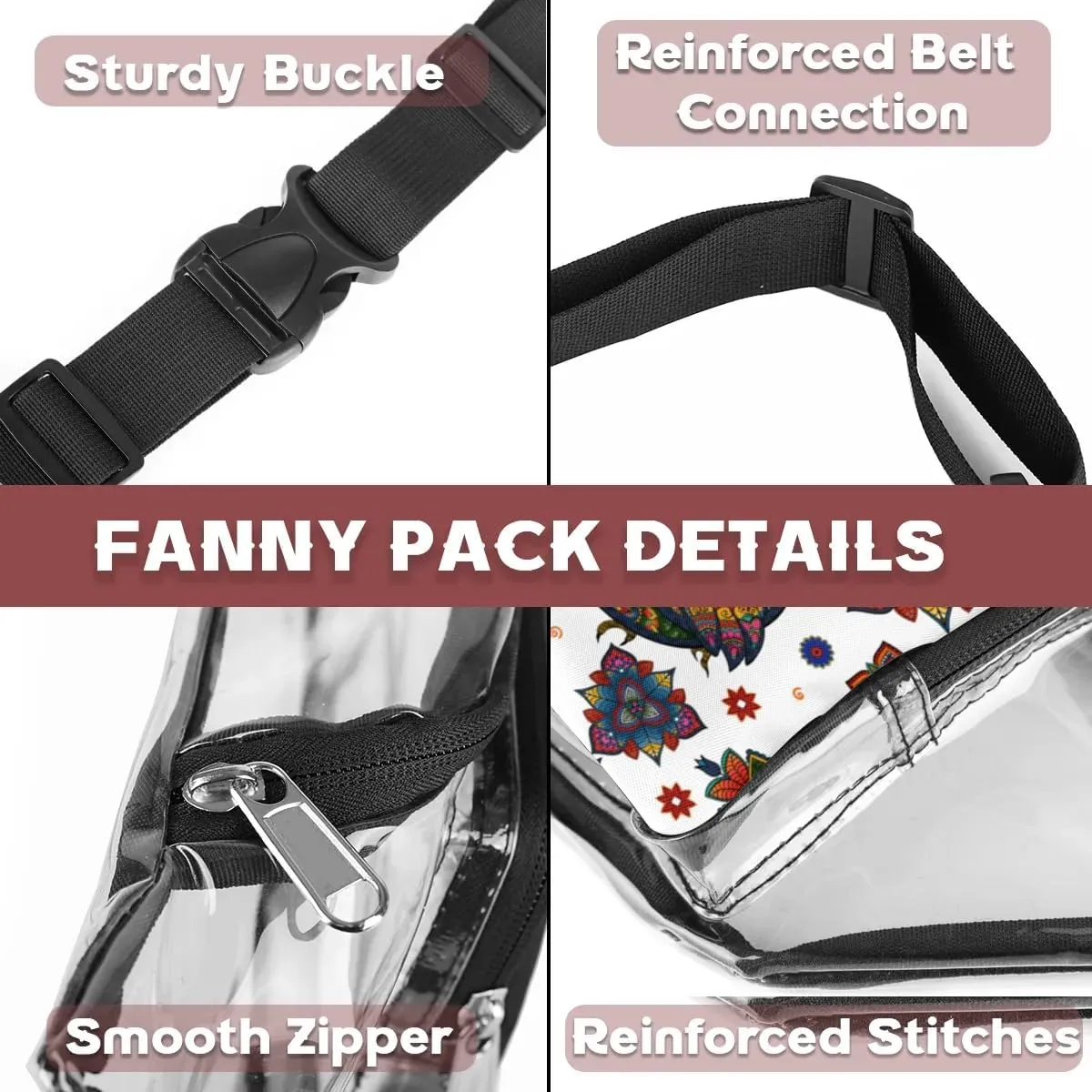 Boho Ethnic Owl Clear Fanny Pack Stadium Approved Clear Crossbody Belt Bag for Women Men Transparent Waist Bag with Adjustable Strap for Concerts Sports Events Travel
