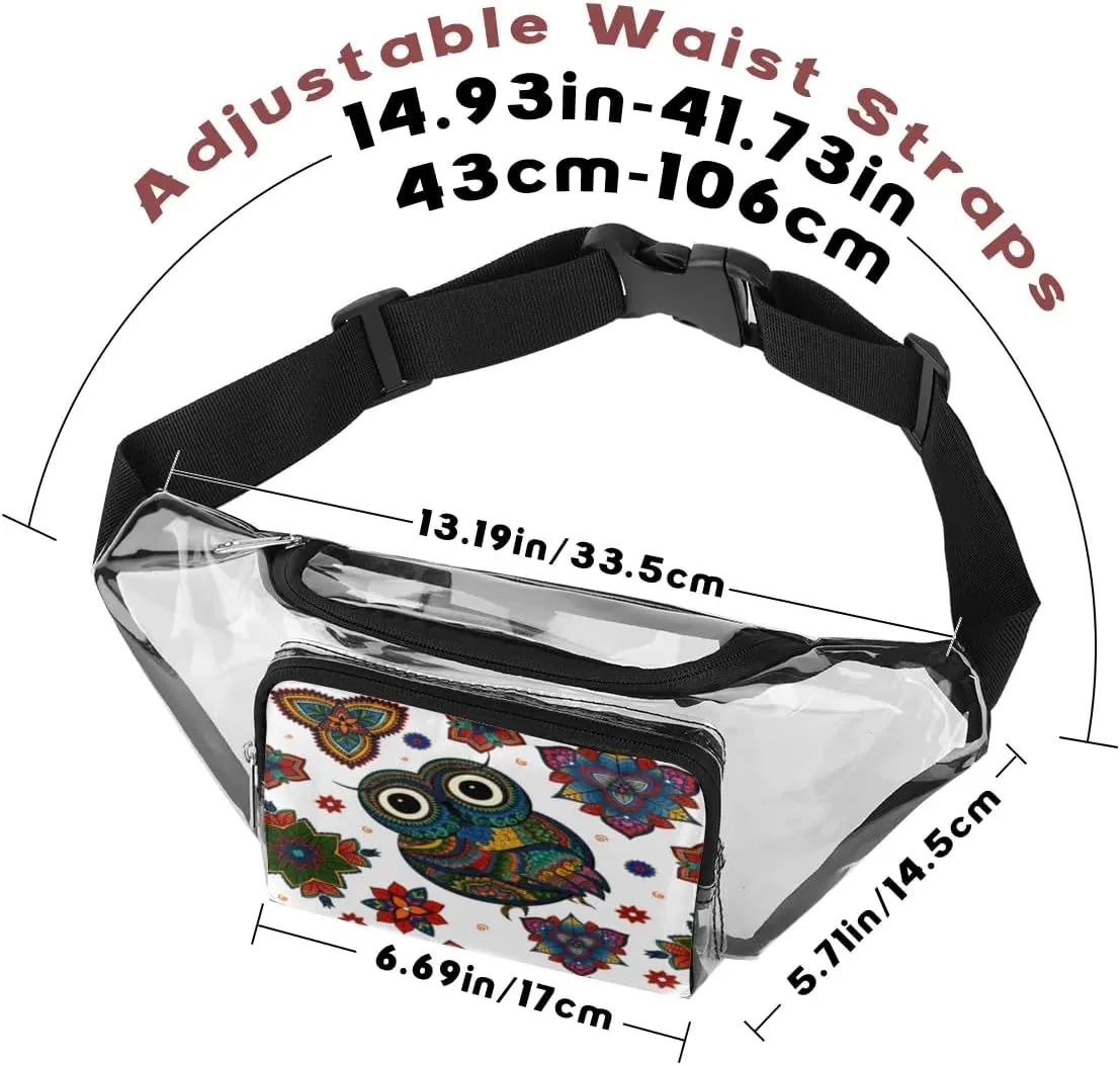 Boho Ethnic Owl Clear Fanny Pack Stadium Approved Clear Crossbody Belt Bag for Women Men Transparent Waist Bag with Adjustable Strap for Concerts Sports Events Travel