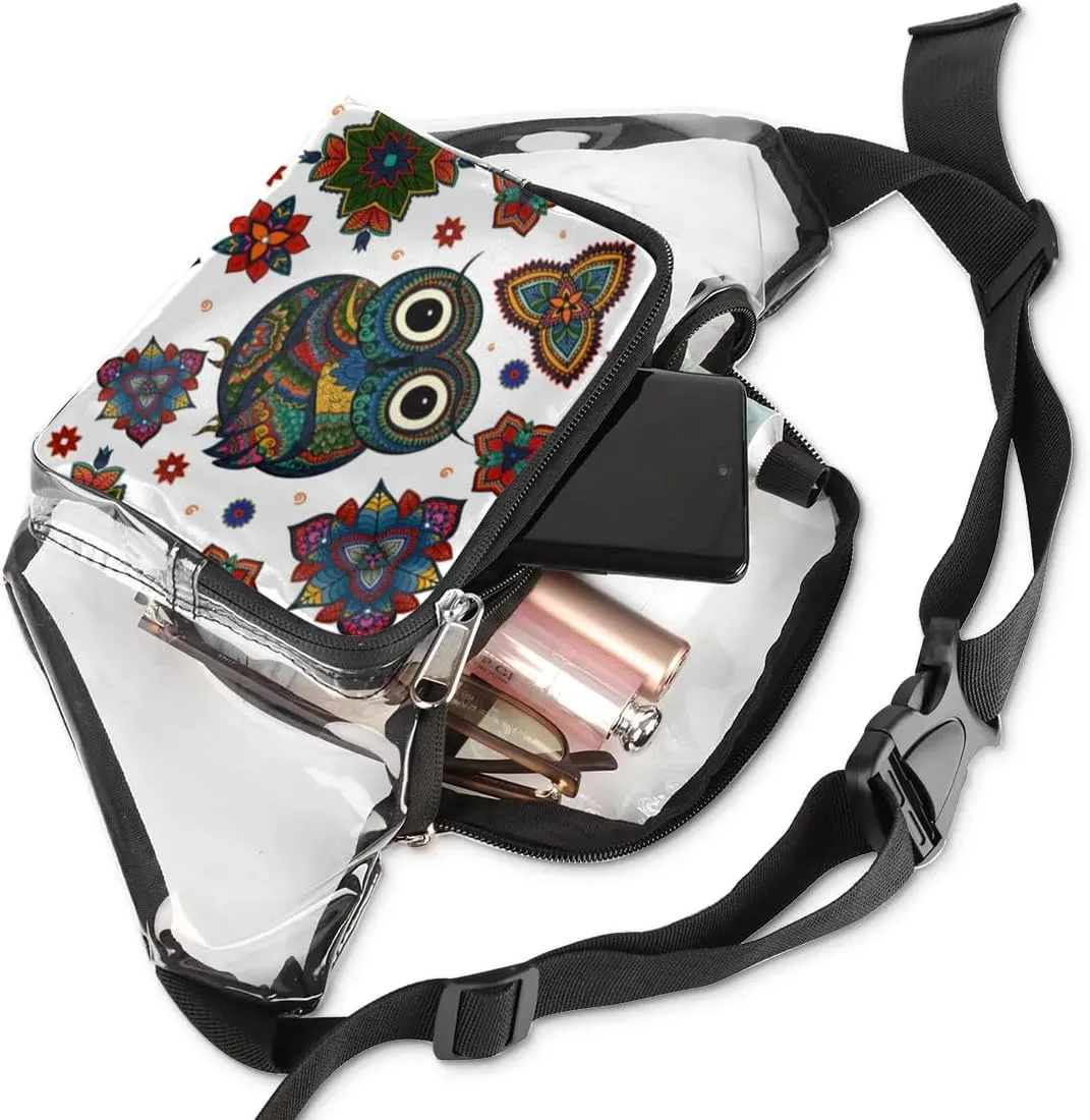 Boho Ethnic Owl Clear Fanny Pack Stadium Approved Clear Crossbody Belt Bag for Women Men Transparent Waist Bag with Adjustable Strap for Concerts Sports Events Travel