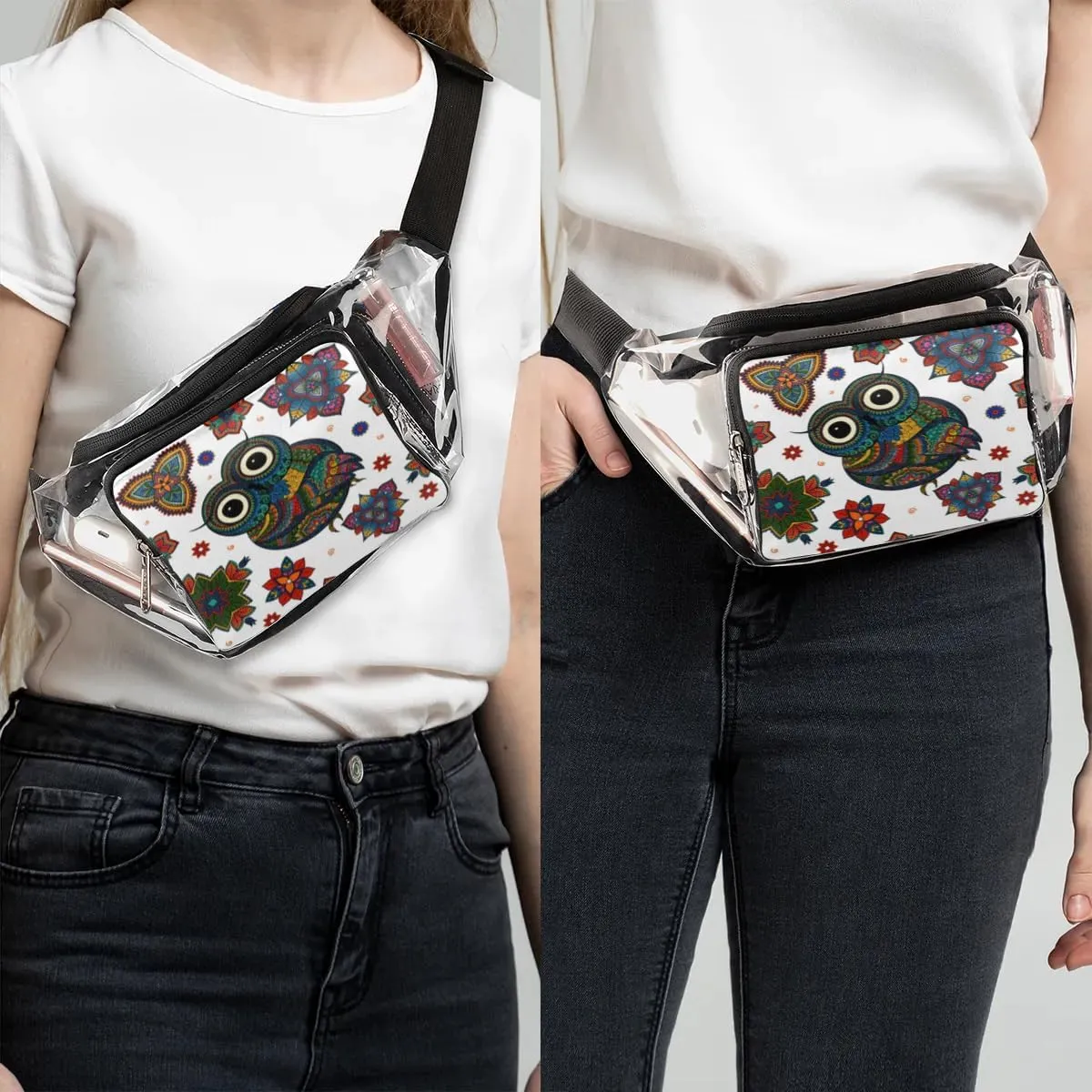 Boho Ethnic Owl Clear Fanny Pack Stadium Approved Clear Crossbody Belt Bag for Women Men Transparent Waist Bag with Adjustable Strap for Concerts Sports Events Travel