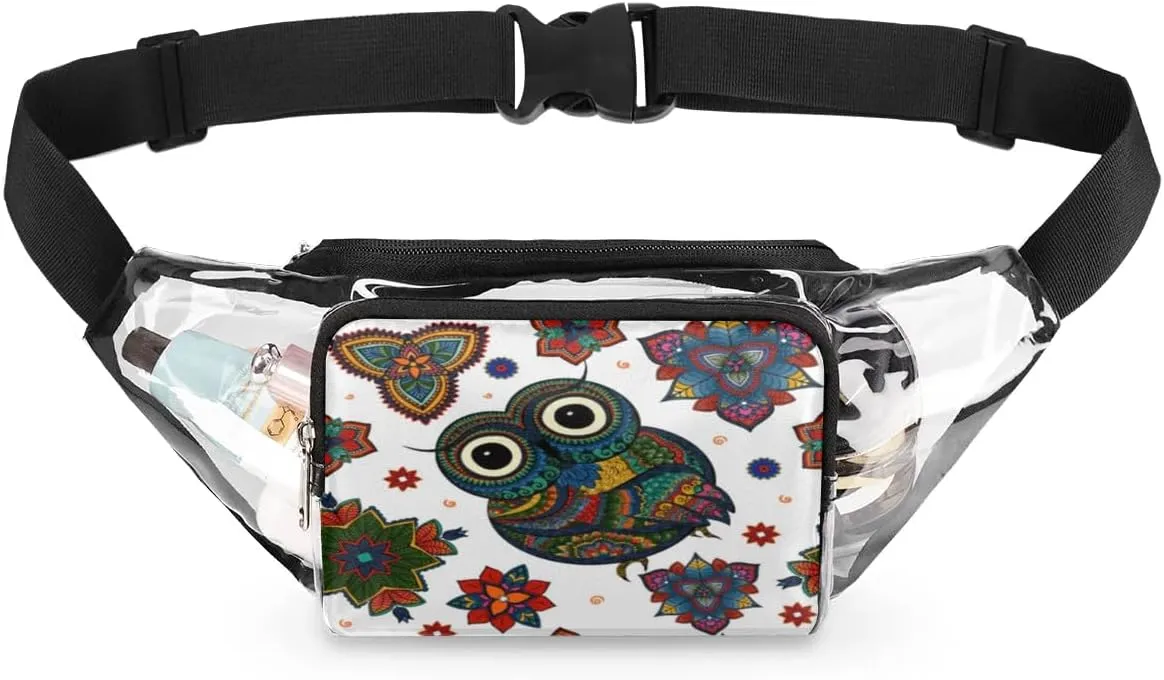 Boho Ethnic Owl Clear Fanny Pack Stadium Approved Clear Crossbody Belt Bag for Women Men Transparent Waist Bag with Adjustable Strap for Concerts Sports Events Travel