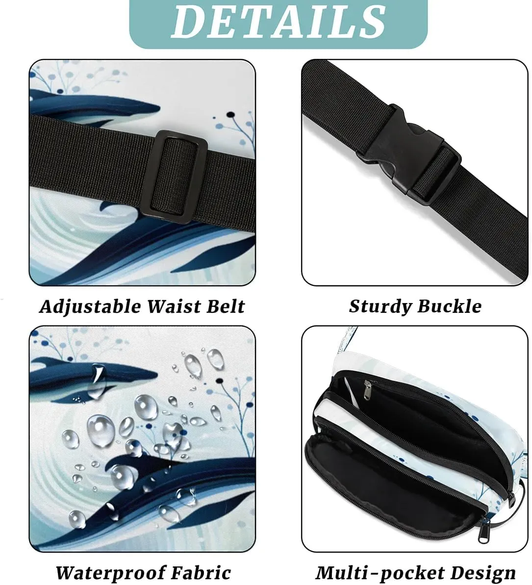 BotaNical Whale Illustration Men's and Women's Waist Pack Crossbody Marine Life Whales Waist Pack Running Strap, Adjustable Shoulder Strap - For Hiking and Running Exercise Fitness