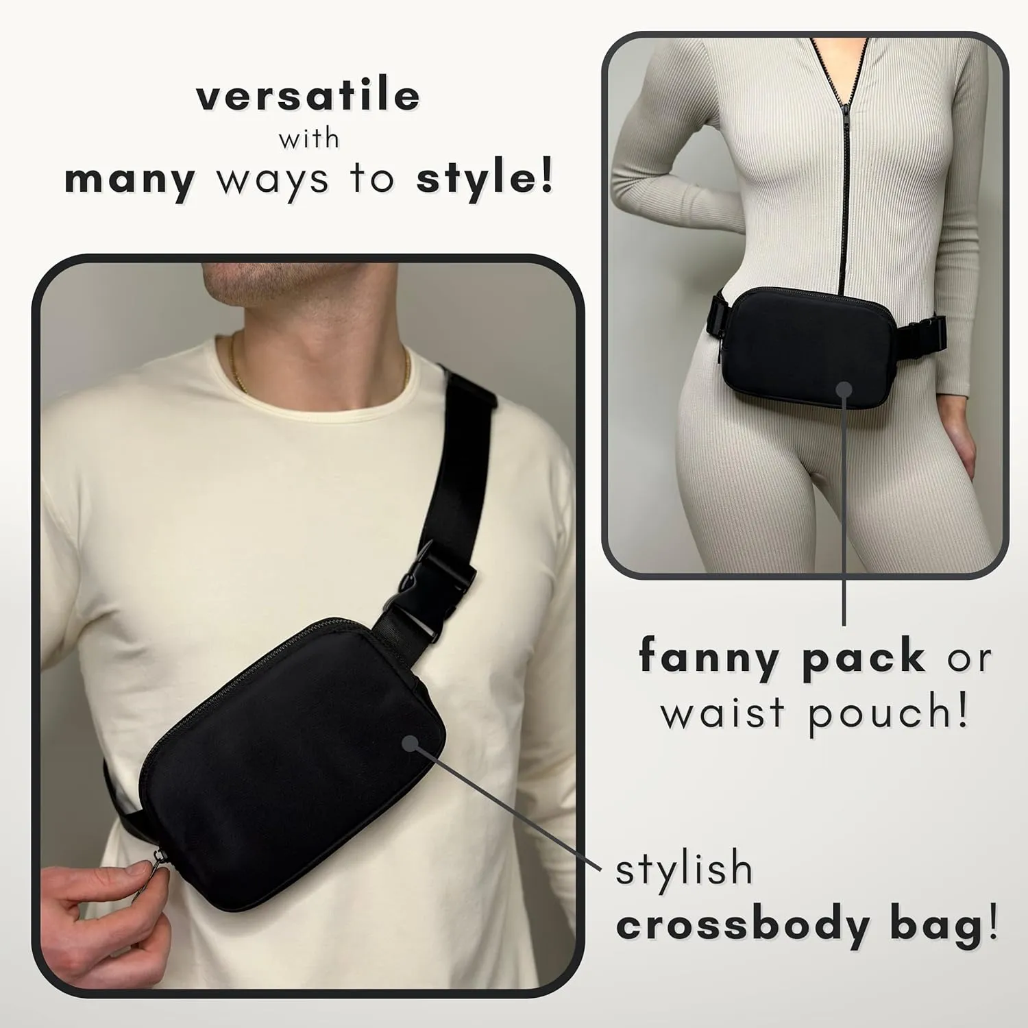 Boutique Belt Bag | Crossbody Bag Fanny Pack for Women Fashionable | Cute Mini Everywhere Bum Hip Waist Pack | Small Fashion Travel Chest Bag | Matte Black | Adjustable Small Strap | Black Midnight