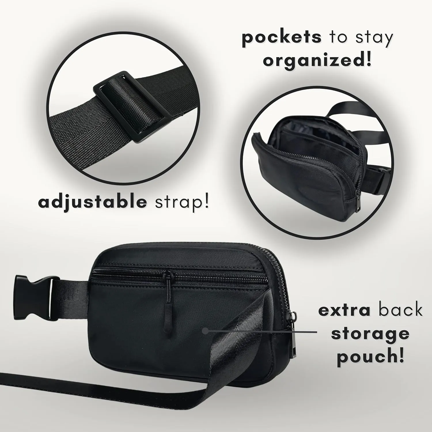 Boutique Belt Bag | Crossbody Bag Fanny Pack for Women Fashionable | Cute Mini Everywhere Bum Hip Waist Pack | Small Fashion Travel Chest Bag | Matte Black | Adjustable Small Strap | Black Midnight