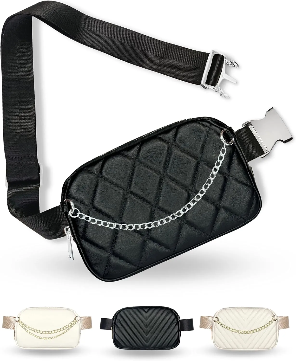 Boutique Luxury Chain Belt Bag | Crossbody Bag Leather Fanny Pack for Women Fashionable | Cute Everywhere Bum Hip Waist Pack | Small Travel Fashion Chest Bag (Extended Strap, Black Silver | Diamond)