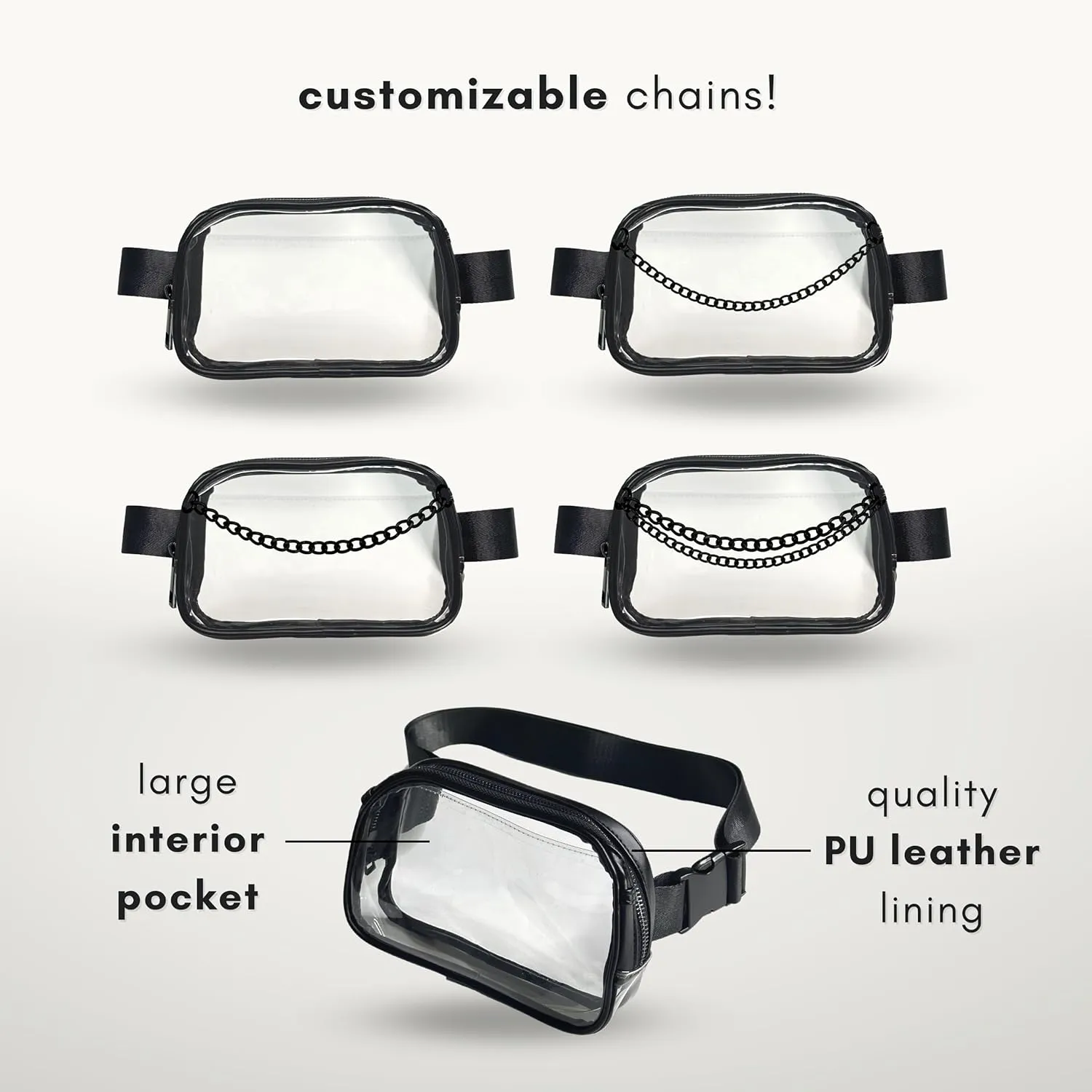 Boutique Luxury Chain Belt Bag | Crossbody Bag Leather Fanny Pack for Women Fashionable | Extended Plus Size | Everywhere Waist Pack | Small Chest Bag (Small Strap Length, Black Midnight | Clear)