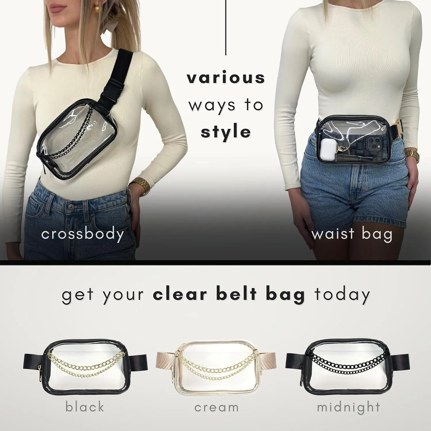 Boutique Luxury Chain Belt Bag | Crossbody Bag Leather Fanny Pack for Women Fashionable | Extended Plus Size | Everywhere Waist Pack | Small Chest Bag (Small Strap Length, Black Midnight | Clear)