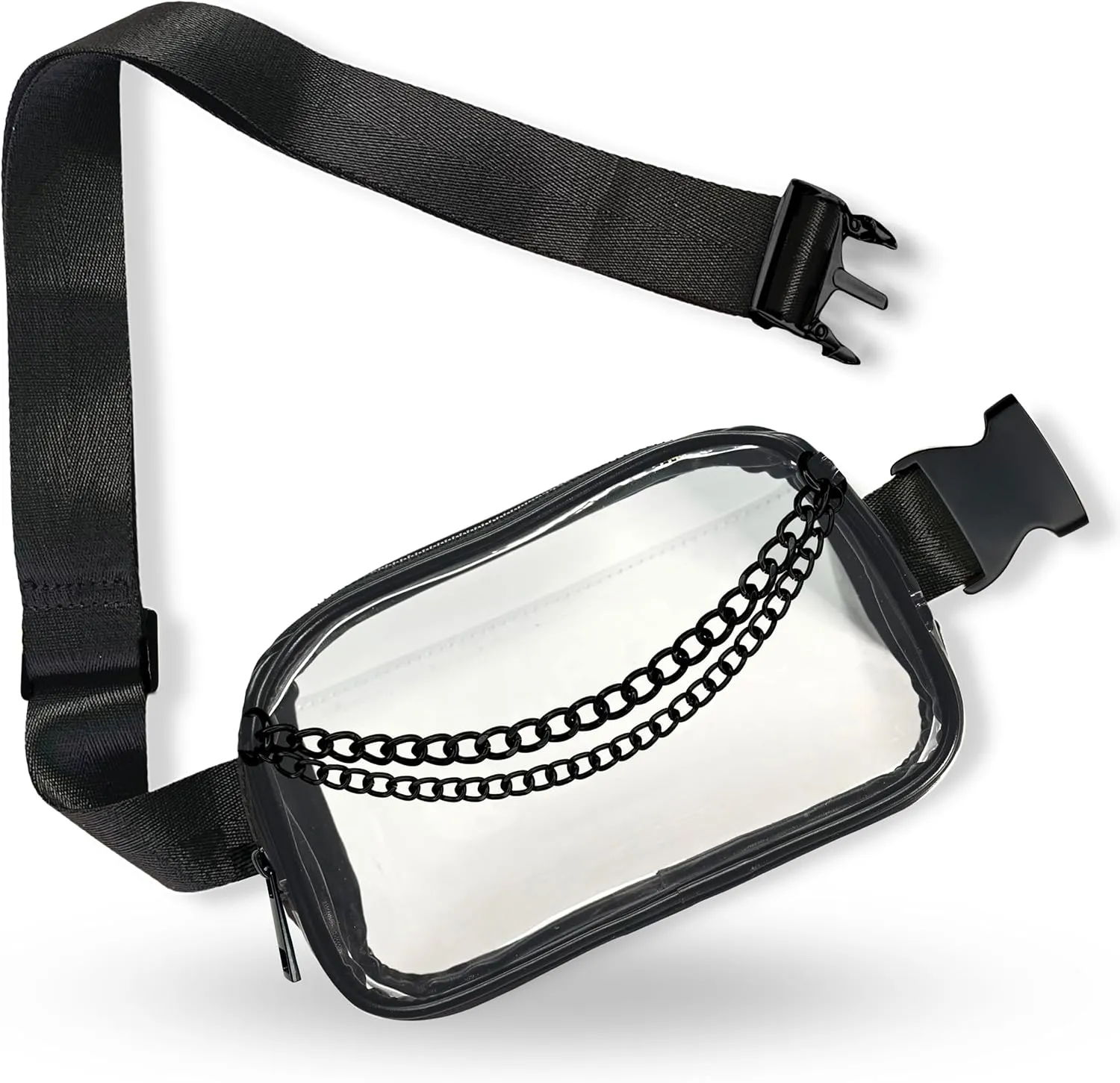 Boutique Luxury Chain Belt Bag | Crossbody Bag Leather Fanny Pack for Women Fashionable | Extended Plus Size | Everywhere Waist Pack | Small Chest Bag (Small Strap Length, Black Midnight | Clear)
