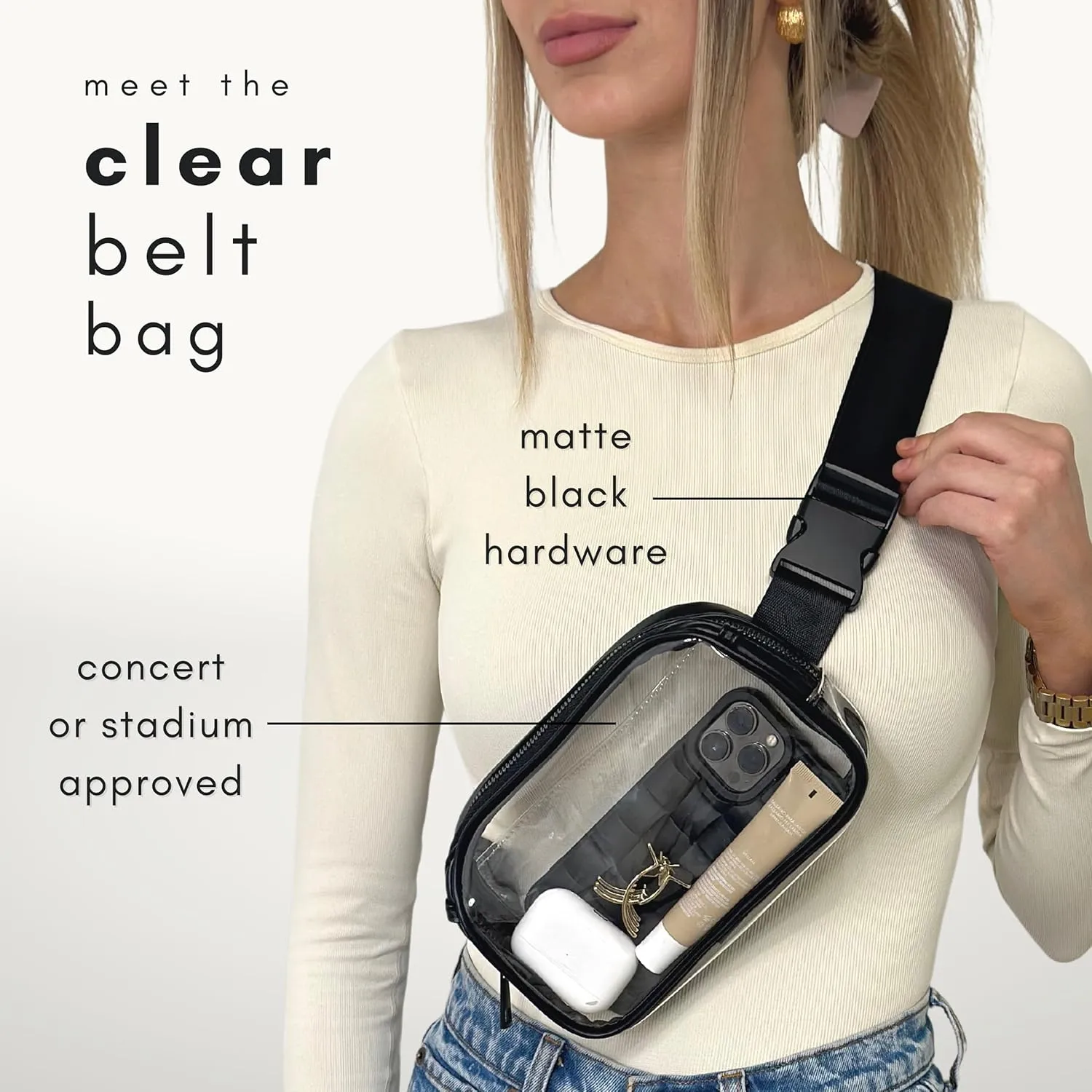 Boutique Luxury Chain Belt Bag | Crossbody Bag Leather Fanny Pack for Women Fashionable | Extended Plus Size | Everywhere Waist Pack | Small Chest Bag (Small Strap Length, Black Midnight | Clear)