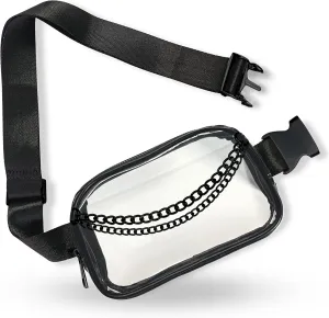 Boutique Luxury Chain Belt Bag | Crossbody Bag Leather Fanny Pack for Women Fashionable | Extended Plus Size | Everywhere Waist Pack | Small Chest Bag (Small Strap Length, Black Midnight | Clear)