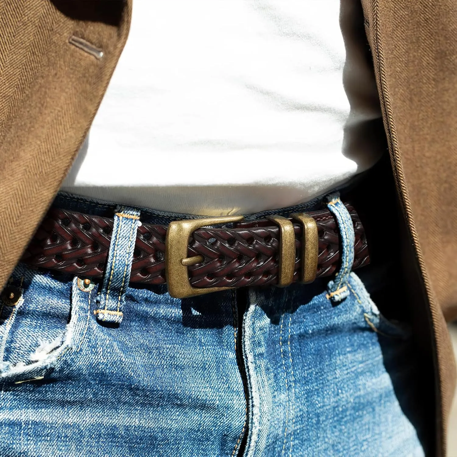 Braided Leather Belt for Men Casual Jeans Golf, Men's Leather Woven Alloy Buckle Hand Braided Belts Gift for Men