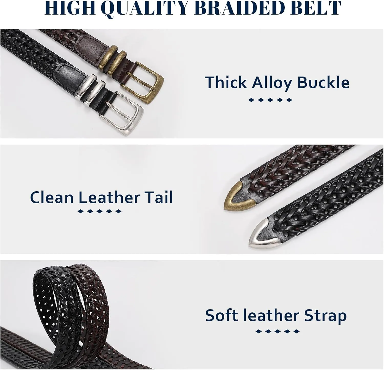 Braided Leather Belt for Men Casual Jeans Golf, Men's Leather Woven Alloy Buckle Hand Braided Belts Gift for Men