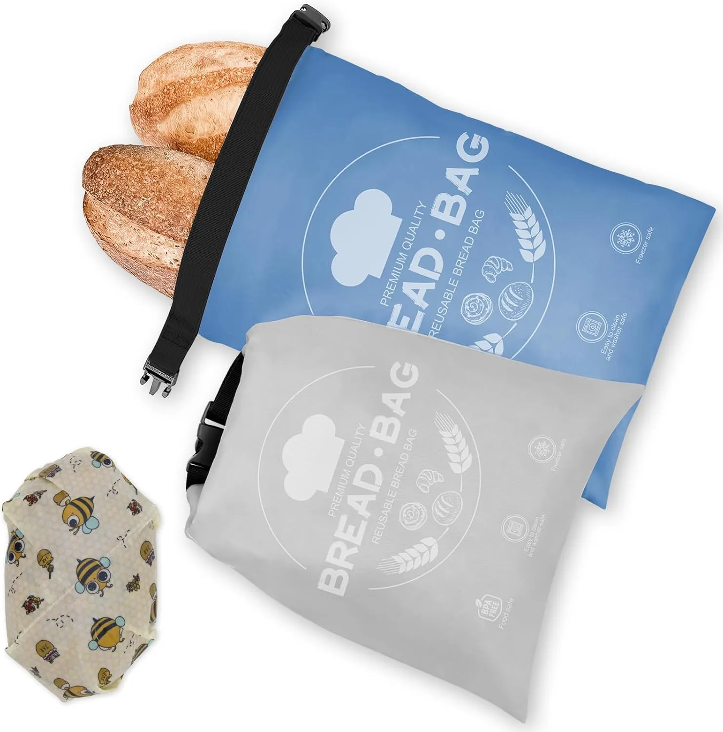Bread Bags for Homemade with Beeswax Wrap - Zipper Reusable Bread Bag for Sourdough 2-Pack, Reusable Food Storage Bag to Keep Sourdough Fresh, Freezer-Safe, Eco-Friendly (Grey&Blue)