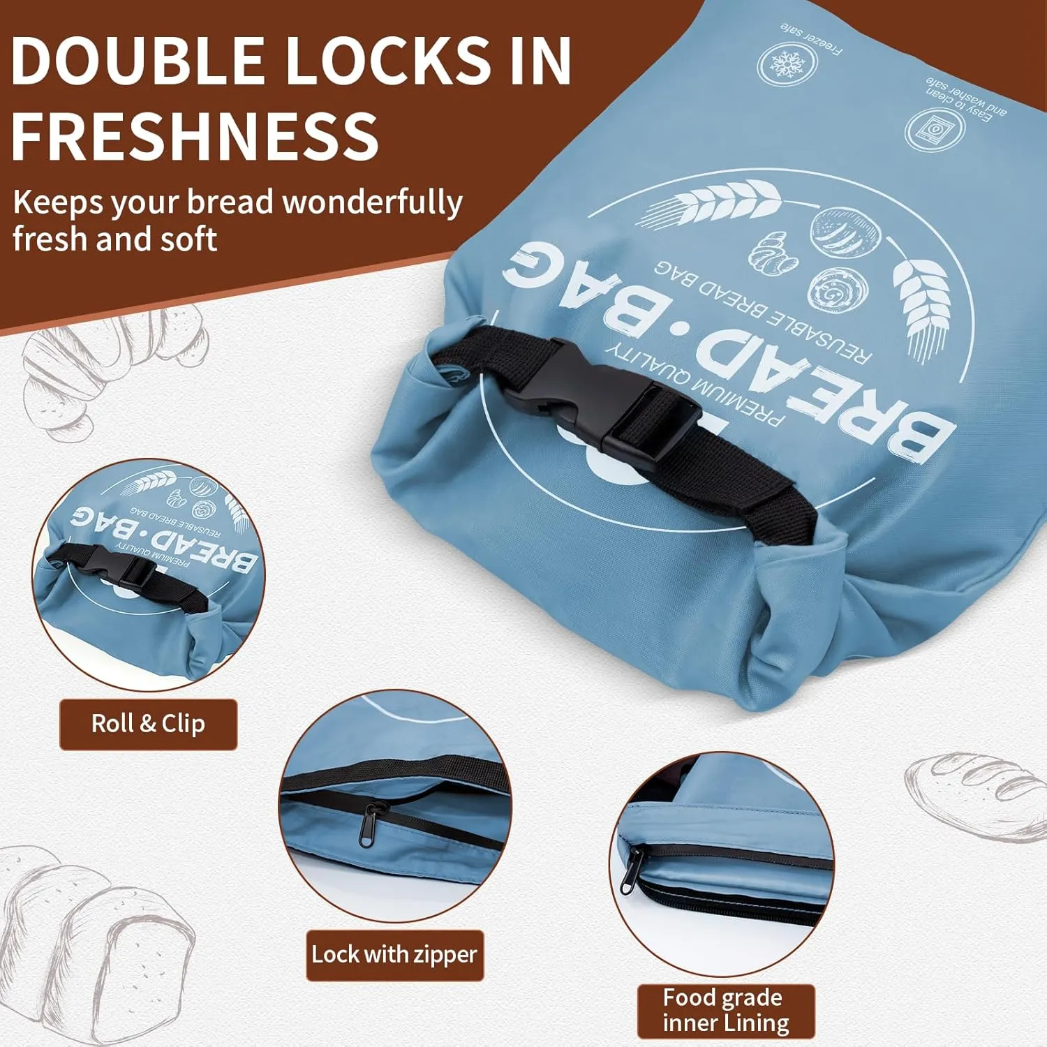 Bread Bags for Homemade with Beeswax Wrap - Zipper Reusable Bread Bag for Sourdough 2-Pack, Reusable Food Storage Bag to Keep Sourdough Fresh, Freezer-Safe, Eco-Friendly (Grey&Blue)