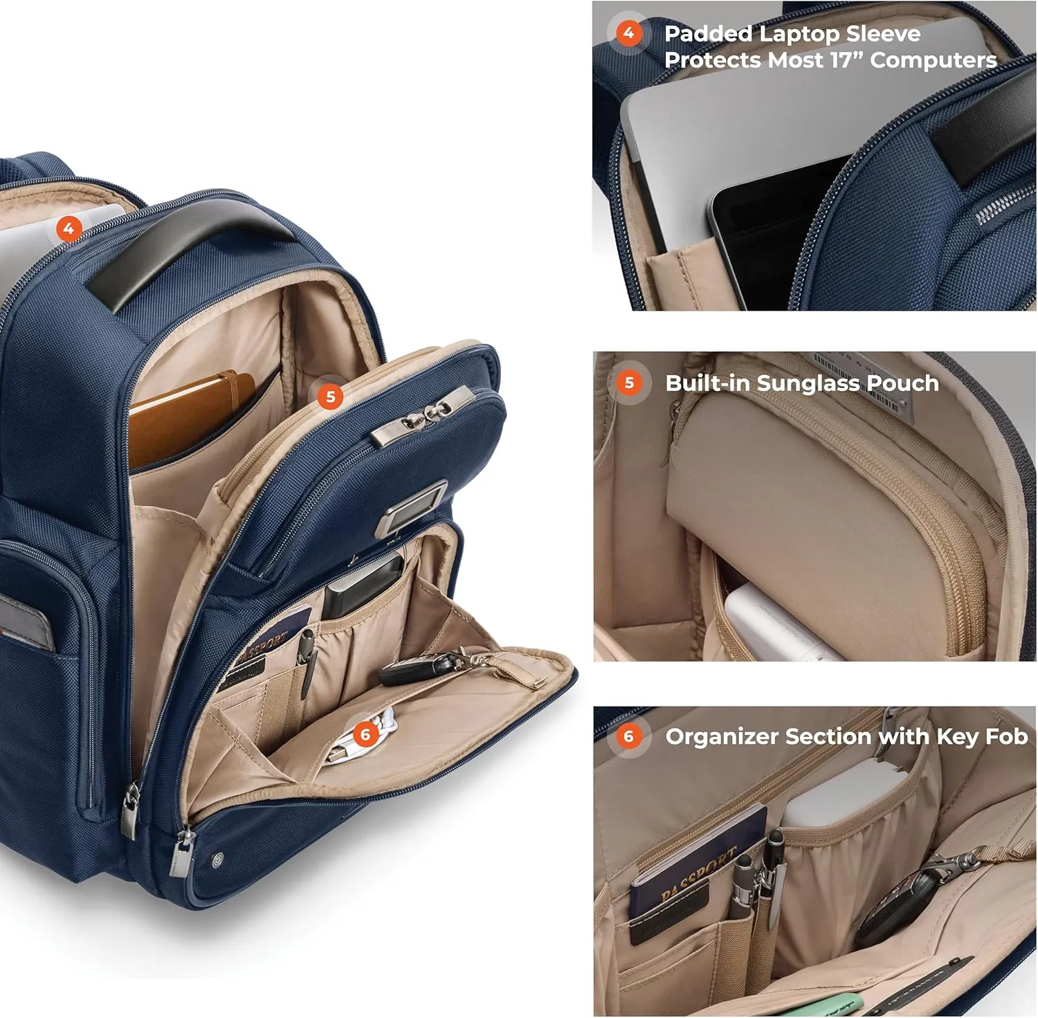 Briggs & Riley Large Cargo Backpack for Women & Men - Daypack for Work, Personal Item Travel Bag, Spacious & Durable, Padded Straps, Fits up to 17" Laptop - @work Collection, Navy