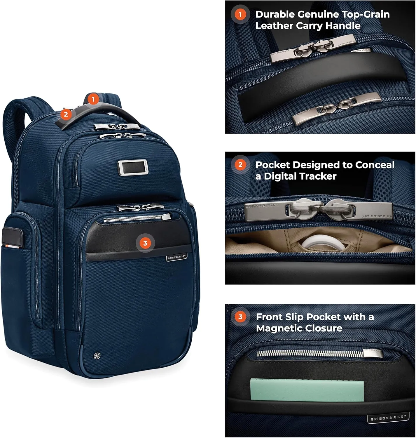 Briggs & Riley Large Cargo Backpack for Women & Men - Daypack for Work, Personal Item Travel Bag, Spacious & Durable, Padded Straps, Fits up to 17" Laptop - @work Collection, Navy