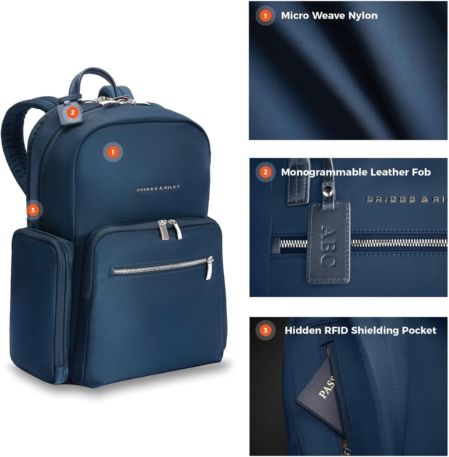 Briggs & Riley Medium Backpack for Women & Men - Daypack for Work, Personal Item Travel Bag, Carry On Size, Lightweight & Durable, Padded Straps, Fits 15" Laptop - Rhapsody Collection, Navy