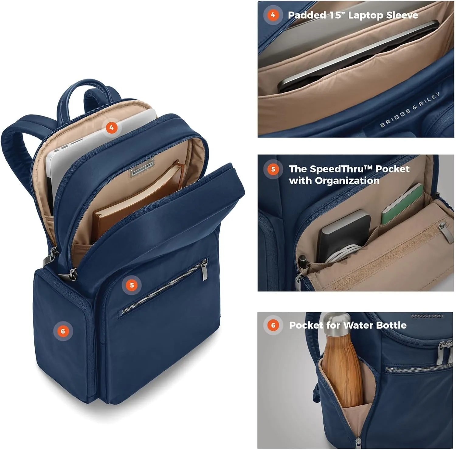 Briggs & Riley Medium Backpack for Women & Men - Daypack for Work, Personal Item Travel Bag, Carry On Size, Lightweight & Durable, Padded Straps, Fits 15" Laptop - Rhapsody Collection, Navy