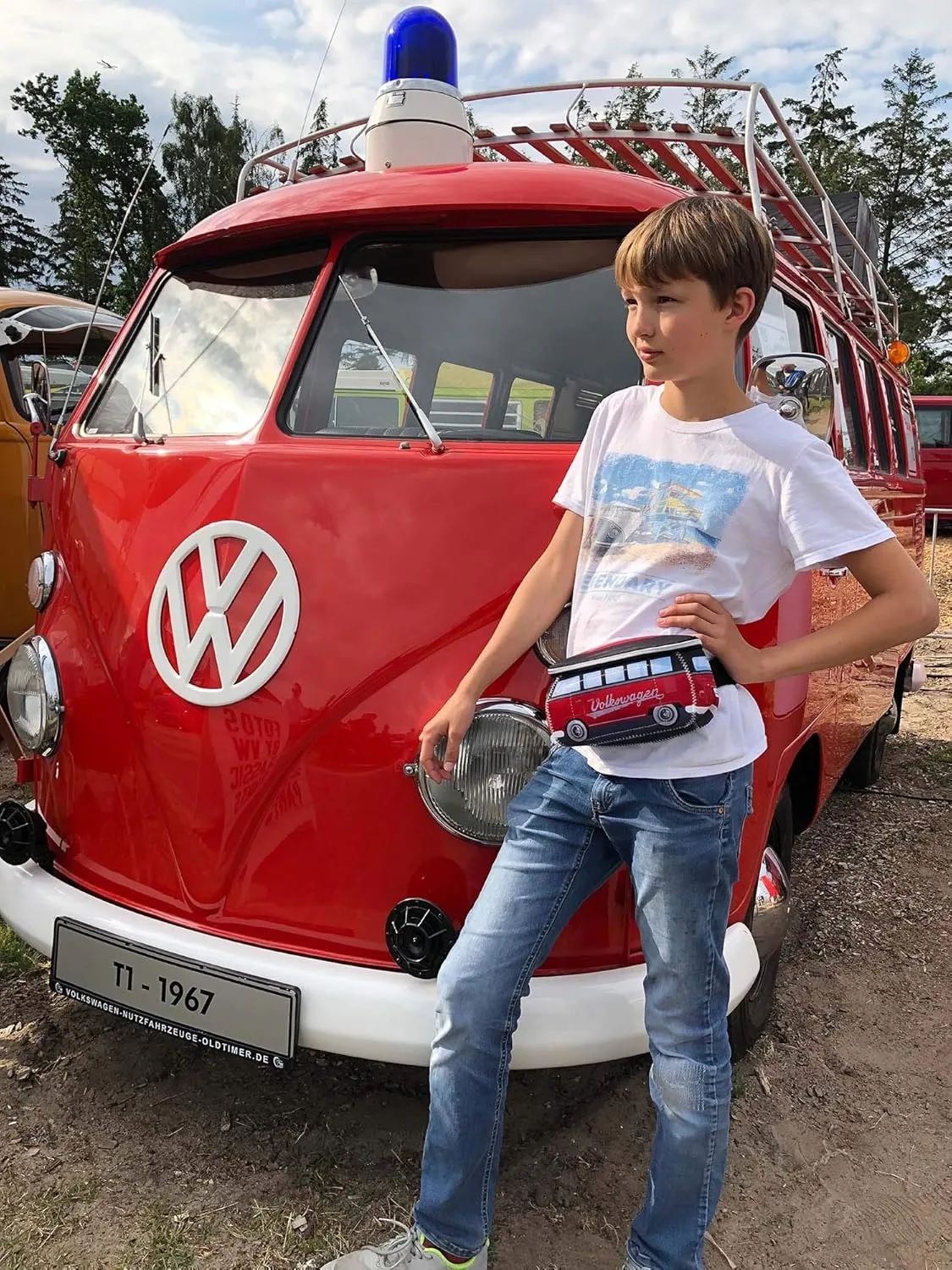 BRISA VW Collection - Volkswagen Neoprene Hip Bag Belly Bag Money Belt Crossbody Bag for Outdoor and Travel in T1 Bus Design (Red/Black)