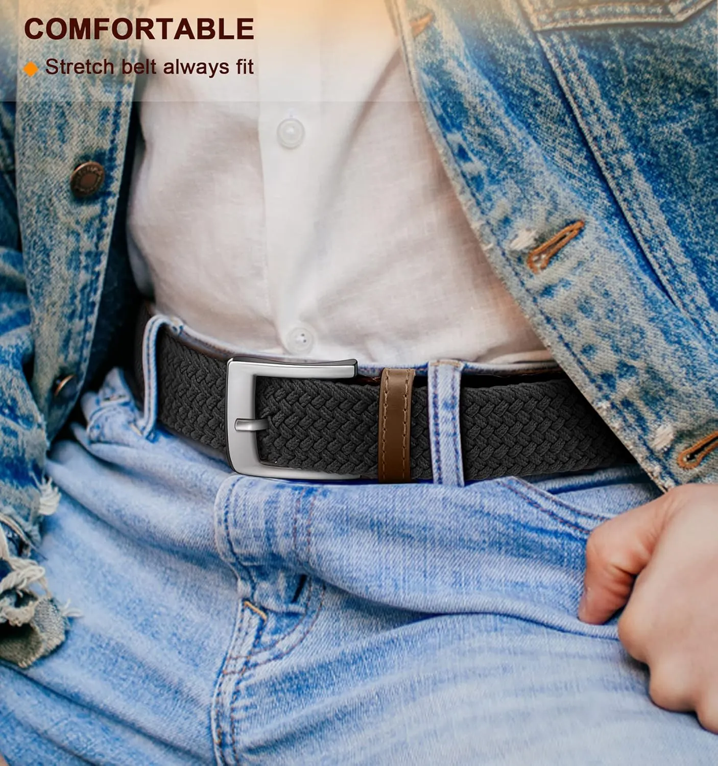 BULLIANT Belt for Men 2Pack,Mens Gift Stretch Braided Web Belt Elastic for Casual Golf Jeans,1 3/8"