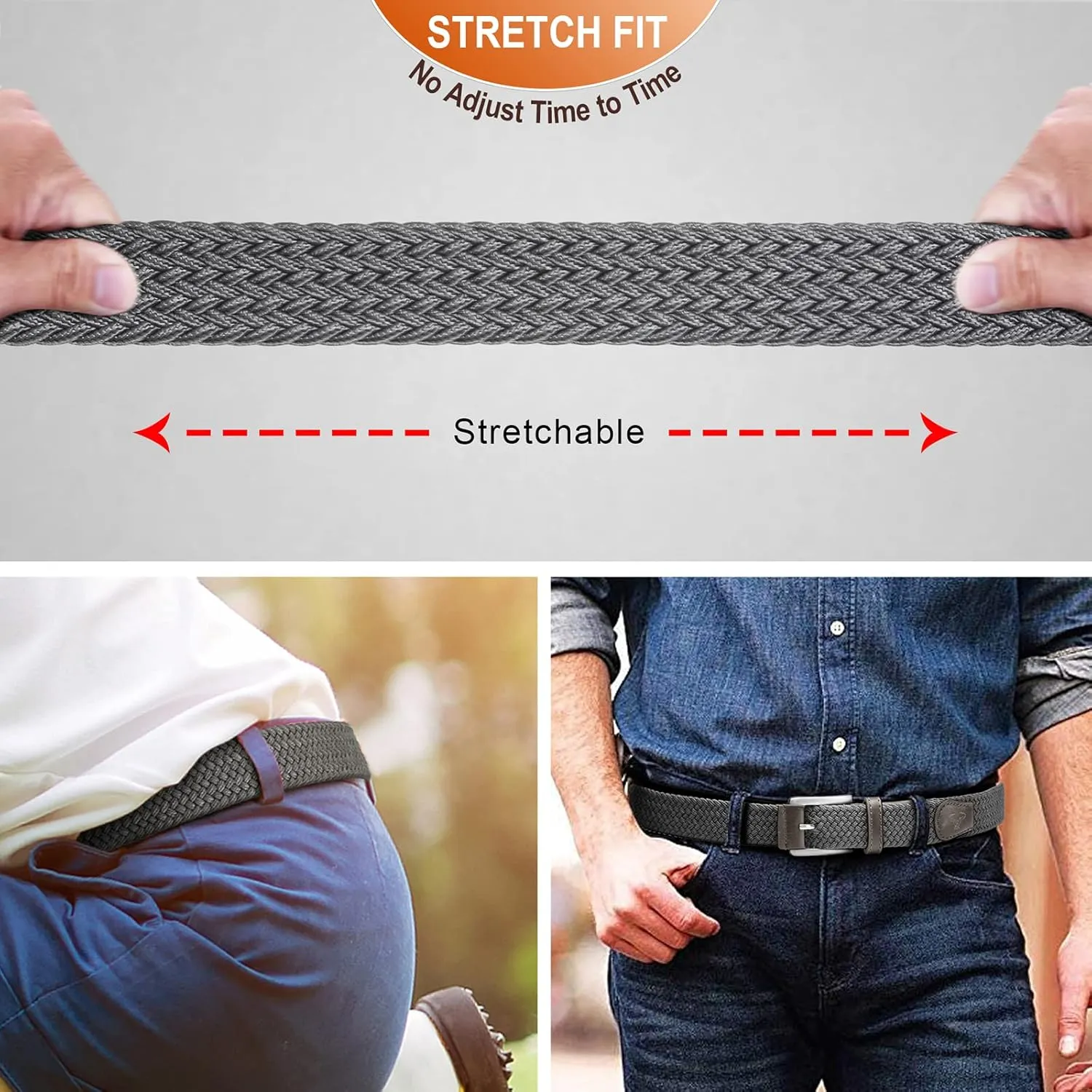 BULLIANT Belt for Men 2Pack,Mens Gift Stretch Braided Web Belt Elastic for Casual Golf Jeans,1 3/8"