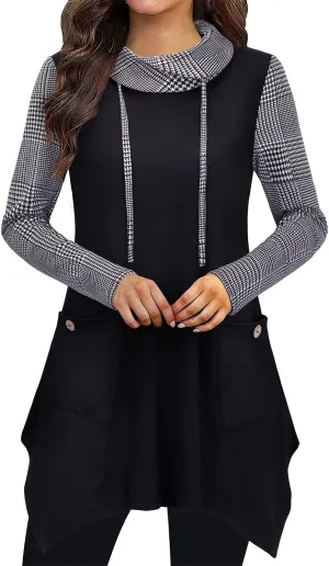 Bulotus Women's Long Sleeve Cowl Neck Asymmetrical Hem Tunic Tops with Pockets