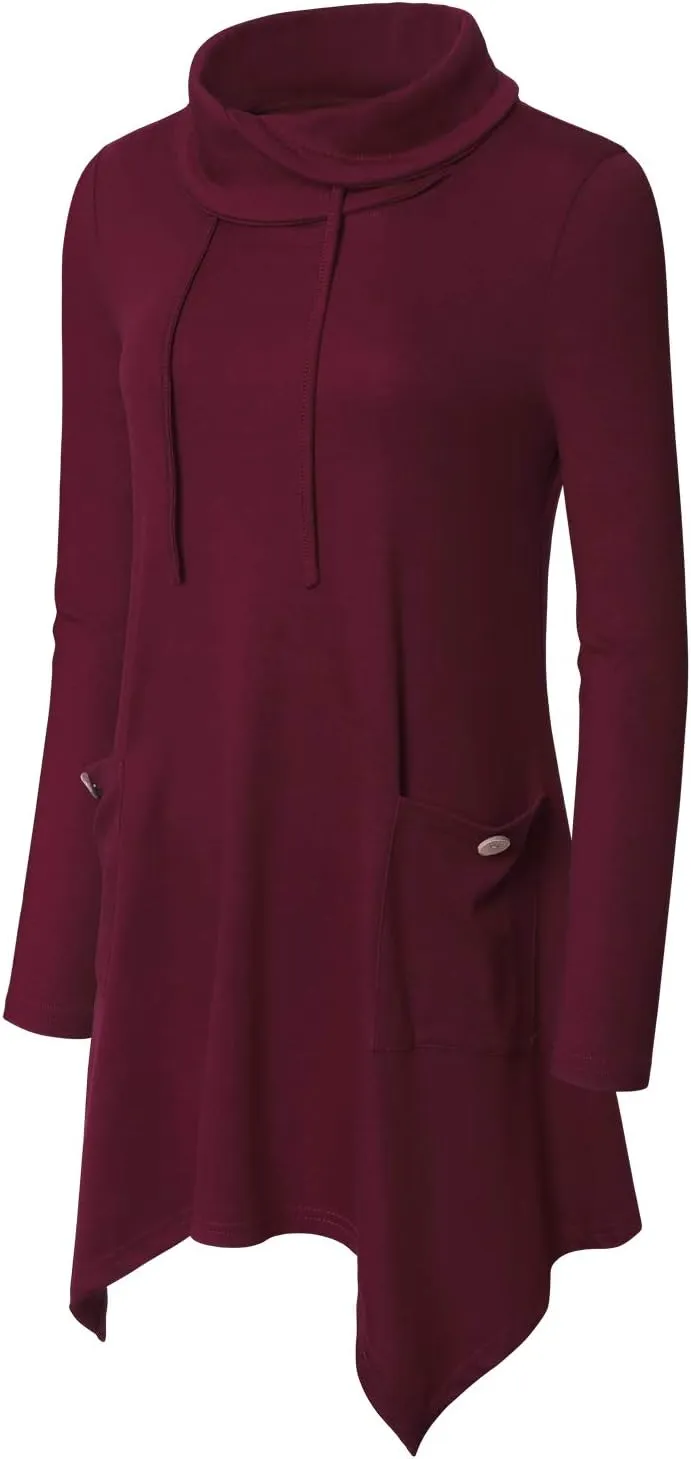 Bulotus Women's Long Sleeve Cowl Neck Asymmetrical Hem Tunic Tops with Pockets
