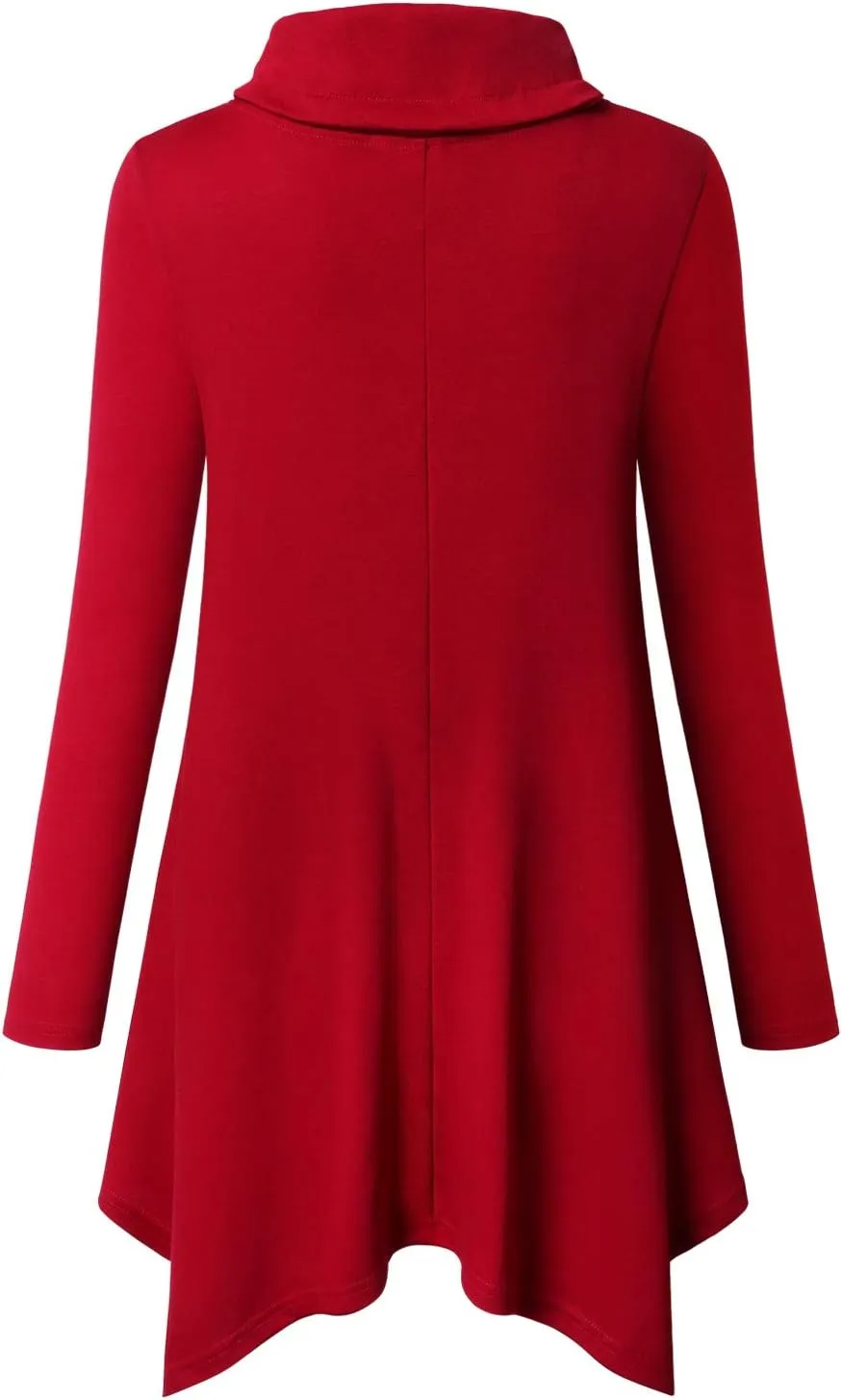 Bulotus Women's Long Sleeve Cowl Neck Asymmetrical Hem Tunic Tops with Pockets