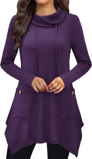 Bulotus Women's Long Sleeve Cowl Neck Asymmetrical Hem Tunic Tops with Pockets