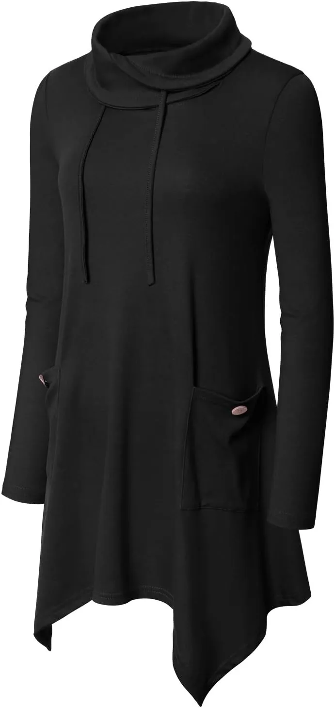 Bulotus Women's Long Sleeve Cowl Neck Asymmetrical Hem Tunic Tops with Pockets