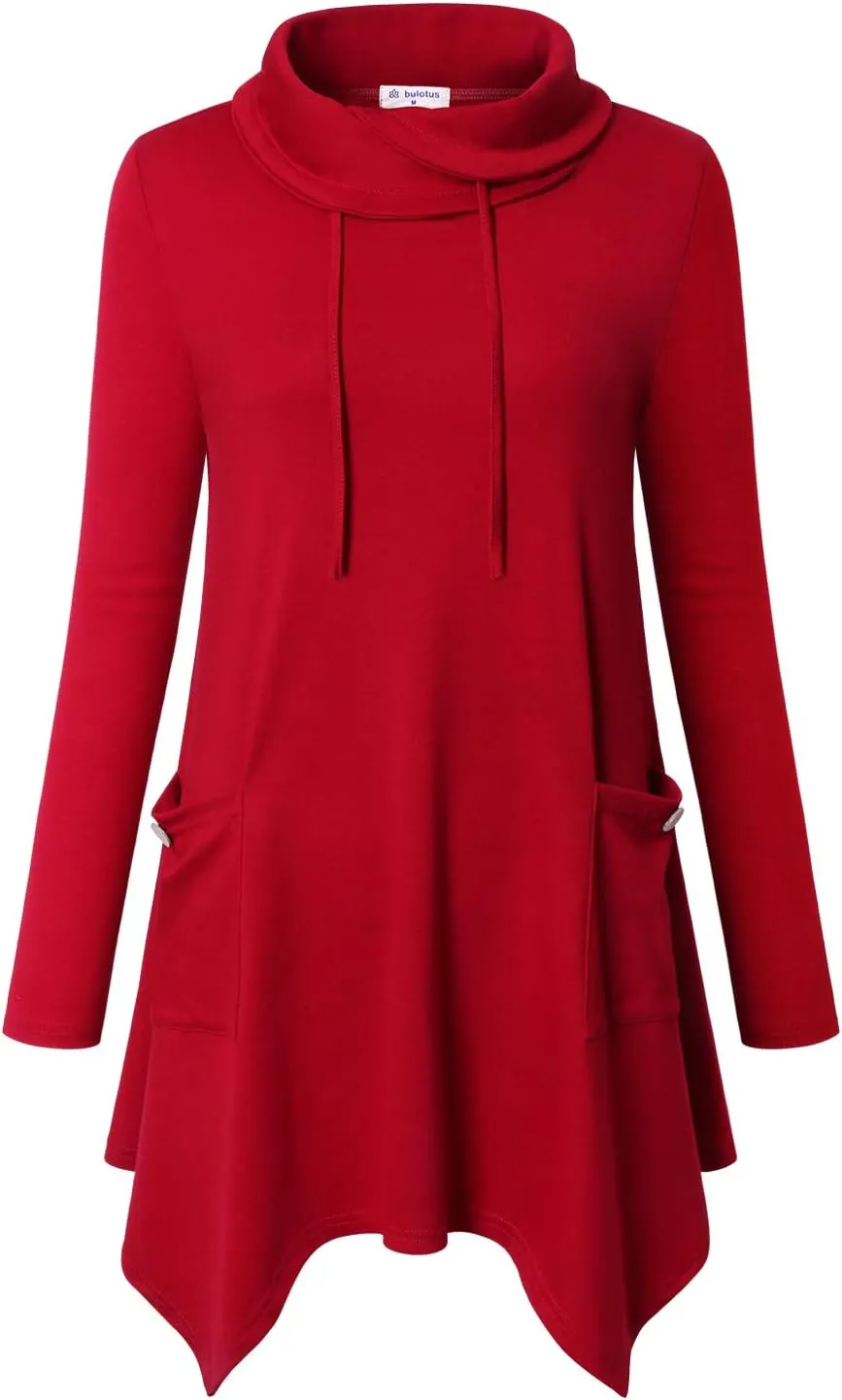 Bulotus Women's Long Sleeve Cowl Neck Asymmetrical Hem Tunic Tops with Pockets
