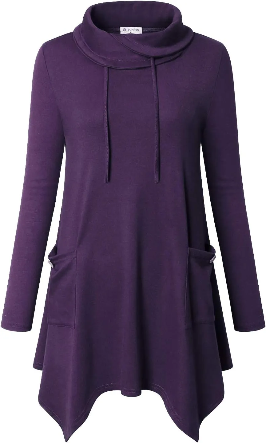 Bulotus Women's Long Sleeve Cowl Neck Asymmetrical Hem Tunic Tops with Pockets