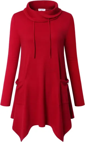 Bulotus Women's Long Sleeve Cowl Neck Asymmetrical Hem Tunic Tops with Pockets