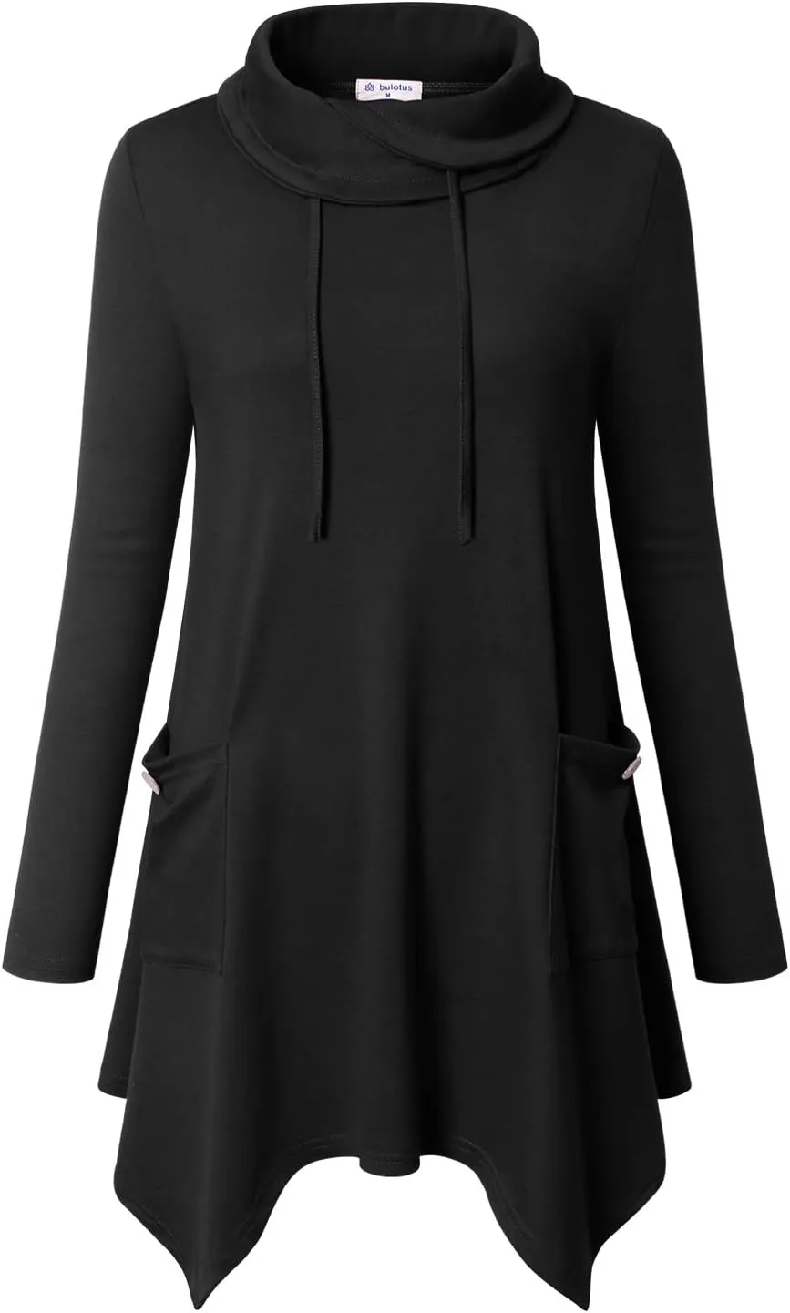 Bulotus Women's Long Sleeve Cowl Neck Asymmetrical Hem Tunic Tops with Pockets
