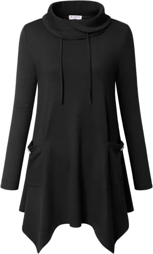 Bulotus Women's Long Sleeve Cowl Neck Asymmetrical Hem Tunic Tops with Pockets