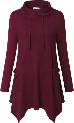 Bulotus Women's Long Sleeve Cowl Neck Asymmetrical Hem Tunic Tops with Pockets