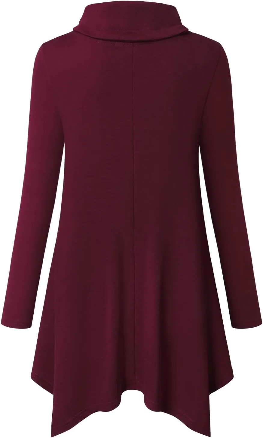 Bulotus Women's Long Sleeve Cowl Neck Asymmetrical Hem Tunic Tops with Pockets