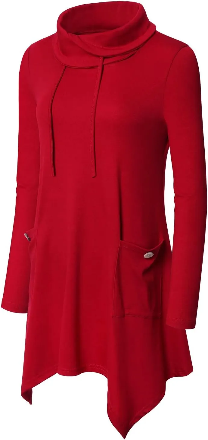 Bulotus Women's Long Sleeve Cowl Neck Asymmetrical Hem Tunic Tops with Pockets