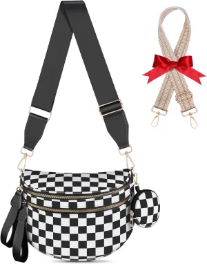 Bum Bags for Women Checkered Crossbody Bag with Removable Wallets Large Nylon Belt Purse Fanny Packs, Bonus with a Extra Strap