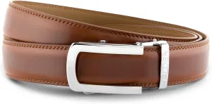 BURLEY Belts For Men Leather Original (Free Size Fits Up to 44 Inch Waist) Ratchet Straps, Unique Magnetic Auto-lock Buckle Formal Belts For Men, Light Brown Belt & Silver Glossy Buckle, Free
